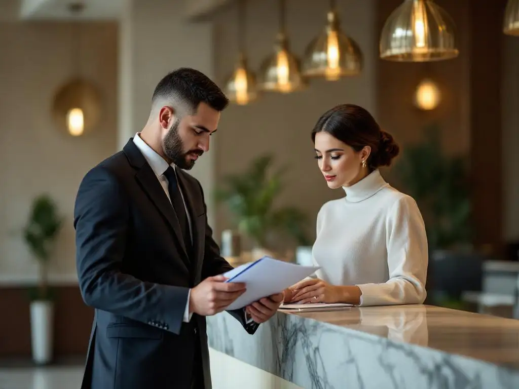 Security guard and hotel concierge reviewing documents together at marble reception desk in modern lobby