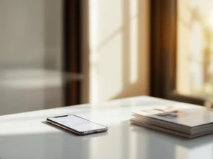 Smartphone with booking calendar app on white desk next to travel brochures in natural morning light