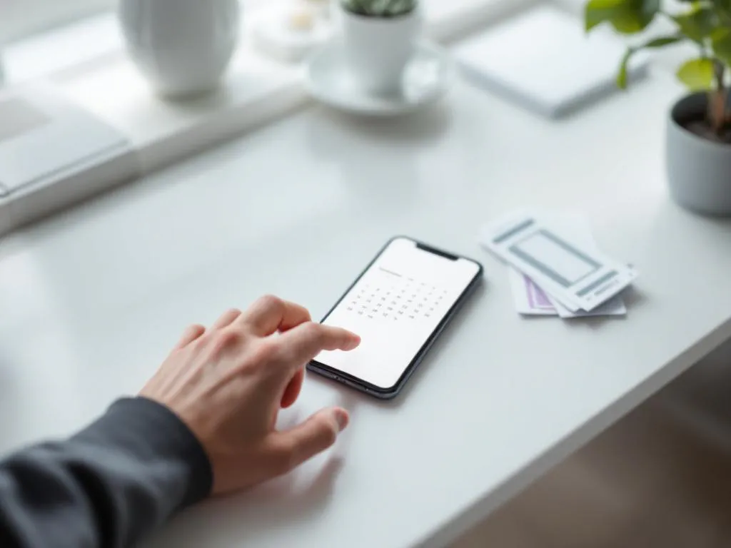 Smartphone displaying calendar app on white desk with finger selecting date, event tickets nearby in minimalist office