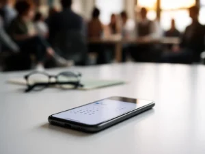 Smartphone displaying calendar booking app on white desk with blurred people in background, natural window lighting