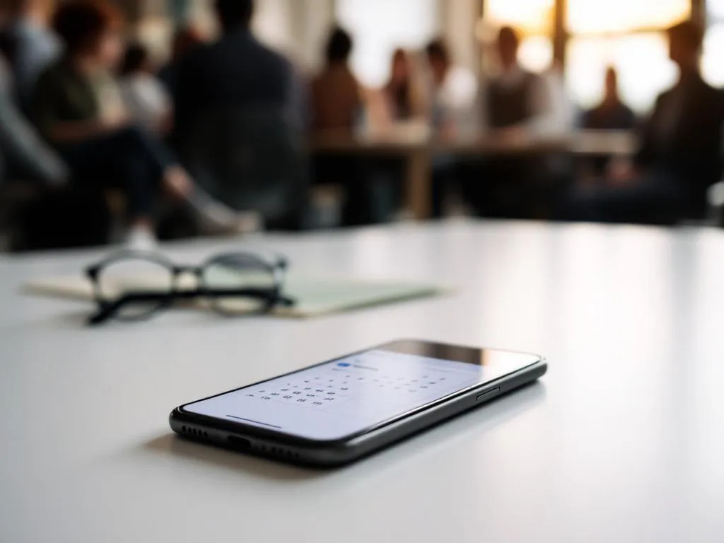 Smartphone displaying calendar booking app on white desk with blurred people in background, natural window lighting