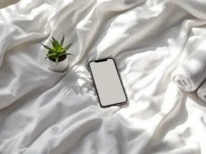 Smartphone displaying social media feed on white hotel bed with succulent plant and towel nearby in natural light