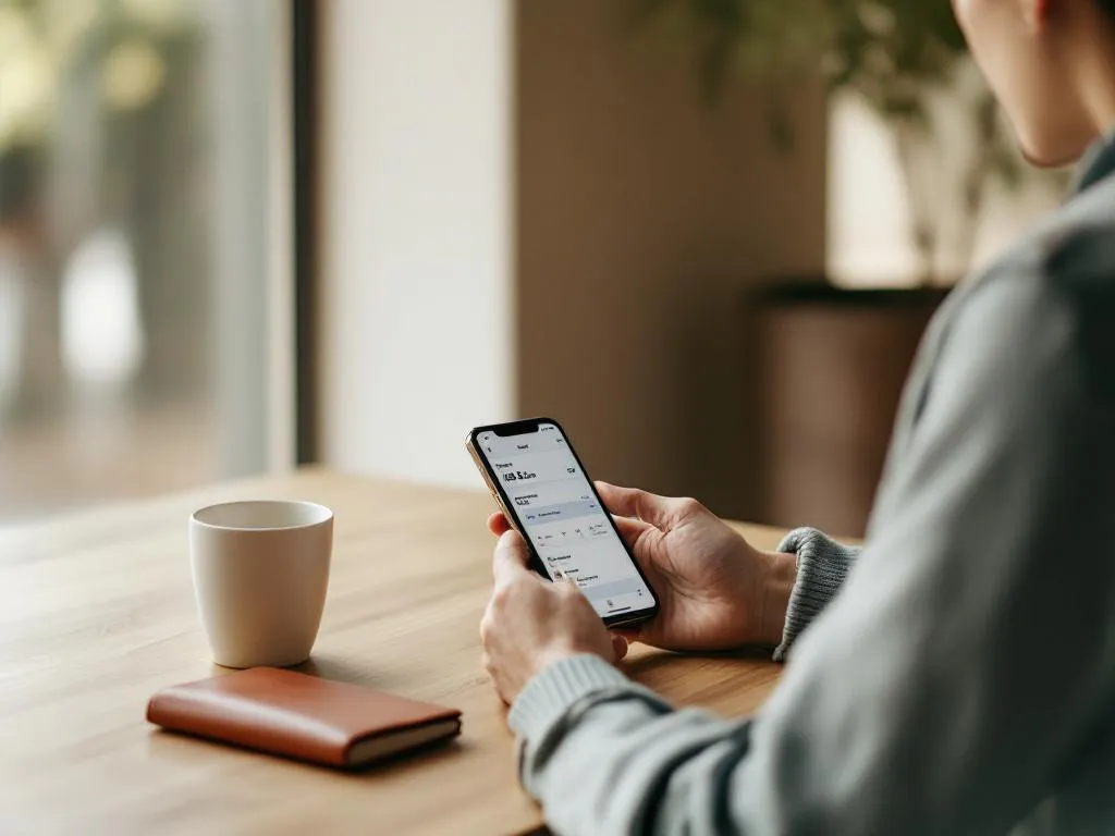Traveler using booking app on smartphone at cafe table with coffee cup and passport holder in natural window light
