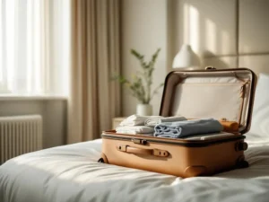 Open modern suitcase with neatly folded clothes on hotel bed, natural light streaming through curtains in minimalist room