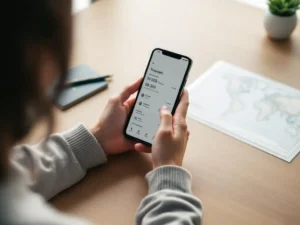 Person holding smartphone with travel booking app at wooden table with passport and world map nearby