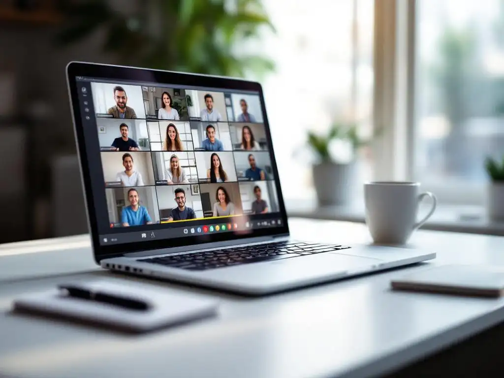 Modern laptop displaying video conference call with multiple participants on white desk with notebook and pen