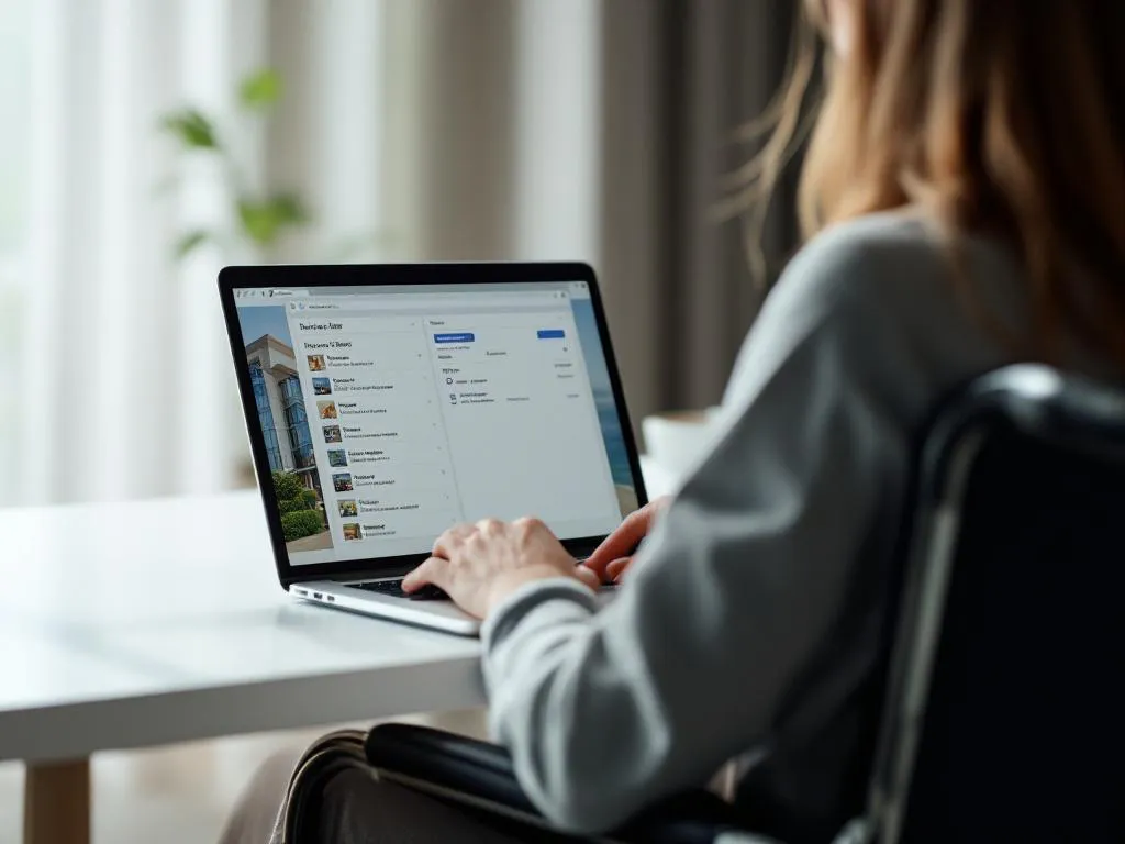 Person in wheelchair using laptop to browse hotel booking options at modern white desk in bright, naturally lit room.
