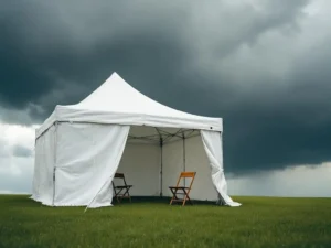 White outdoor event tent on grass with storm clouds gathering overhead and raindrops falling on canvas surface.