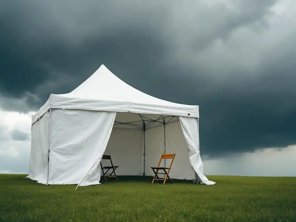 White outdoor event tent on grass with storm clouds gathering overhead and raindrops falling on canvas surface.