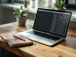 Laptop displaying spreadsheet on wooden desk with leather notebook, pen, and succulent plant in natural window light