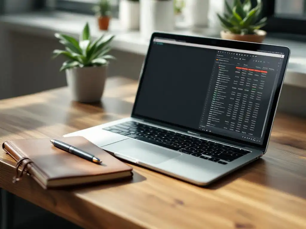 Laptop displaying spreadsheet on wooden desk with leather notebook, pen, and succulent plant in natural window light