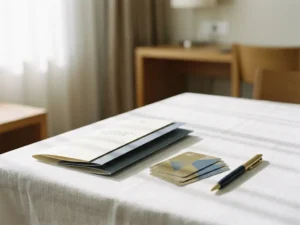 Conference schedule packet and hotel keycards on white linen tablecloth with an elegant pen, soft natural light, minimalist hotel setting.