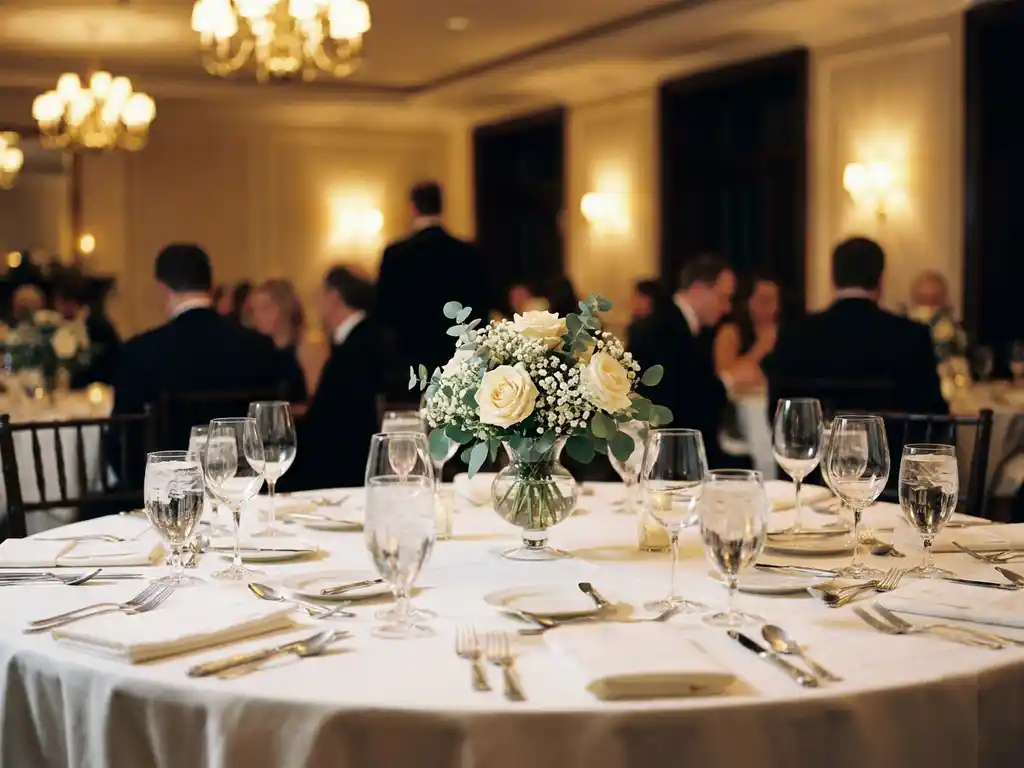 White linen banquet table set with polished silverware, crystal glassware, and a floral centerpiece in a warmly lit hotel ballroom.
