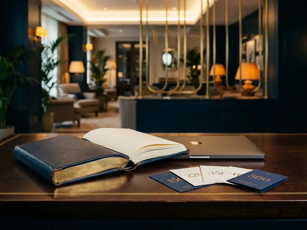 Hotel concierge desk with open leather booking ledger, laptop, and fanned room rate cards in warm gold and navy lobby lighting.