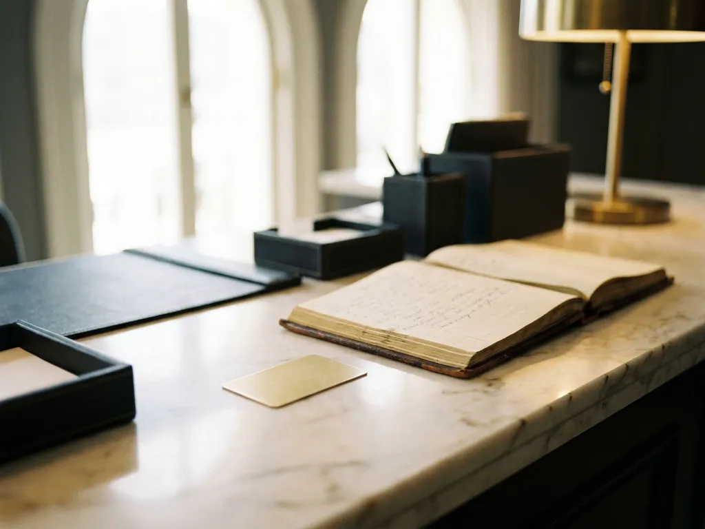 Hotel concierge desk with a room key card beside an open leather guest registry, bathed in soft morning lobby light on polished marble.