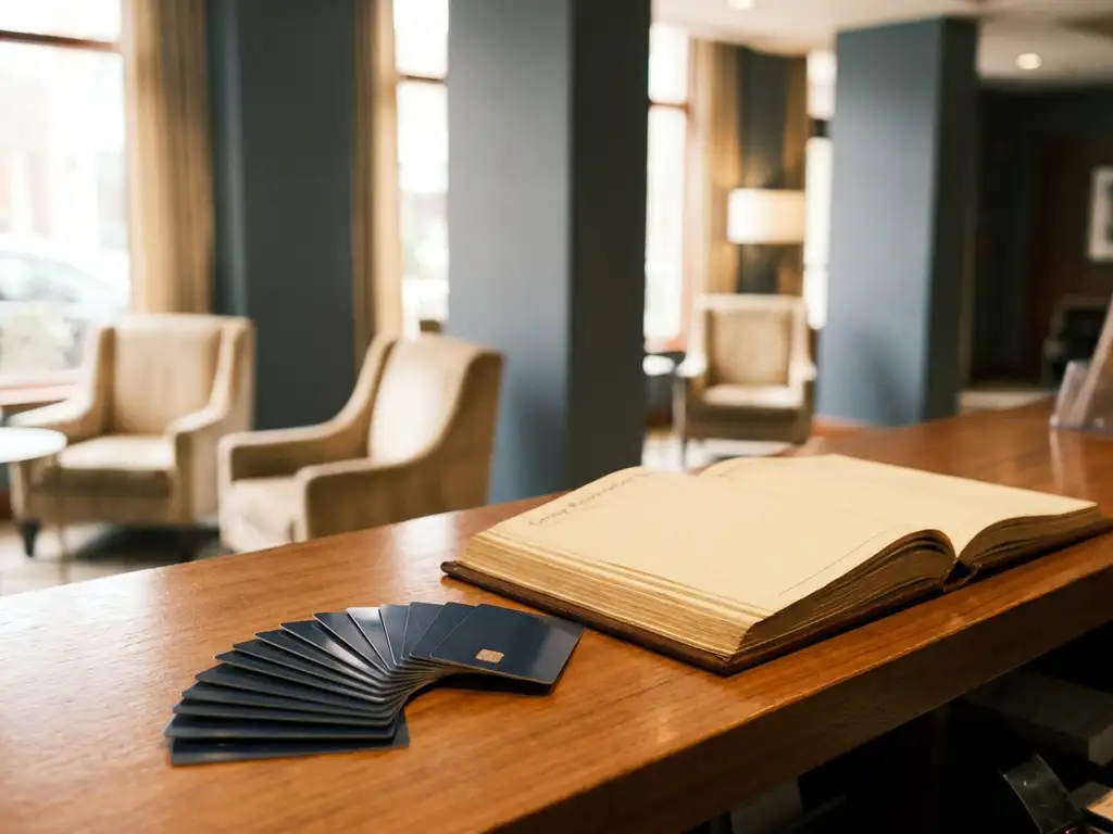 Hotel concierge desk with fanned room key cards beside a leather-bound group reservation ledger, soft lobby lighting in champagne and navy tones.