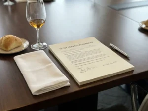 Signed hotel contract on a polished conference table beside a white linen napkin, wine glass, and bread roll.