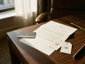 Hotel contract document and room key card on dark wood desk with price tags, illustrating hotel booking terms and fees.