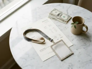 Hotel invoice tucked under a conference lanyard beside stacked banknotes on a white marble desk, flat lay with natural light.