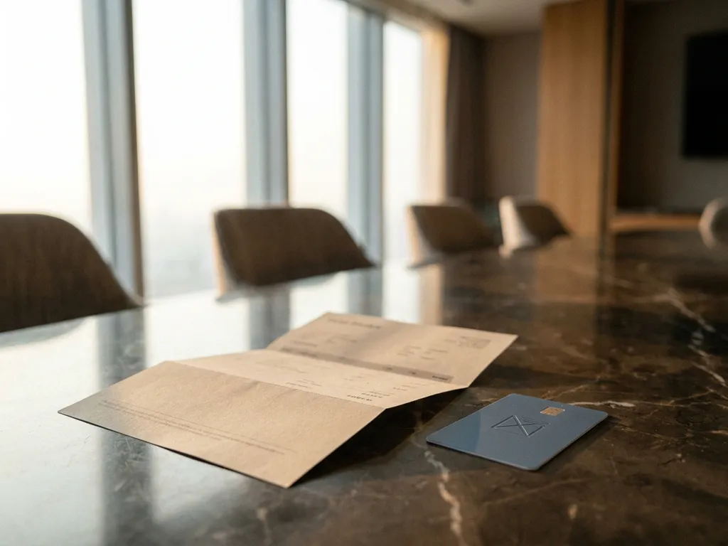 Folded hotel invoice and room key card on marble conference table, soft morning light from floor-to-ceiling windows, shallow depth of field.