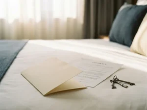 Hotel room key card on white linen bed beside a printed contract and fanned miniature keys in soft natural light.