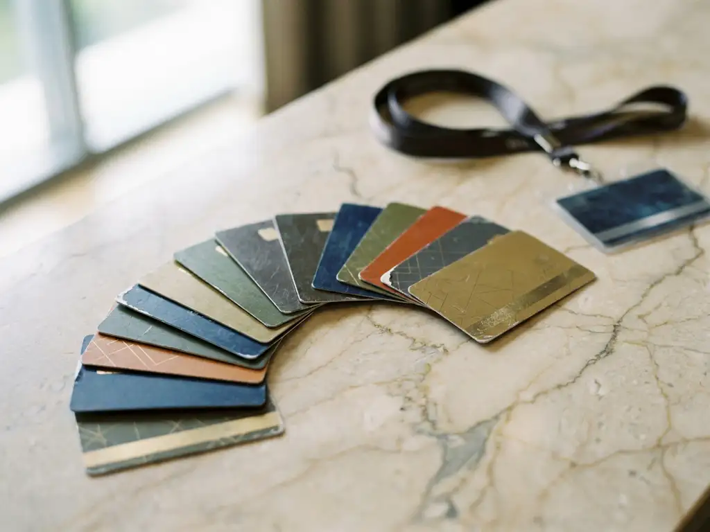 Hotel key cards fanned out on a marble reception desk beside a blurred conference lanyard, warm ivory and gold tones.