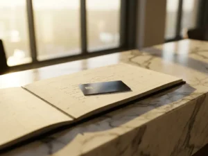 Hotel lobby calendar open on a marble reception desk with a room key card resting across the pages in warm morning light.