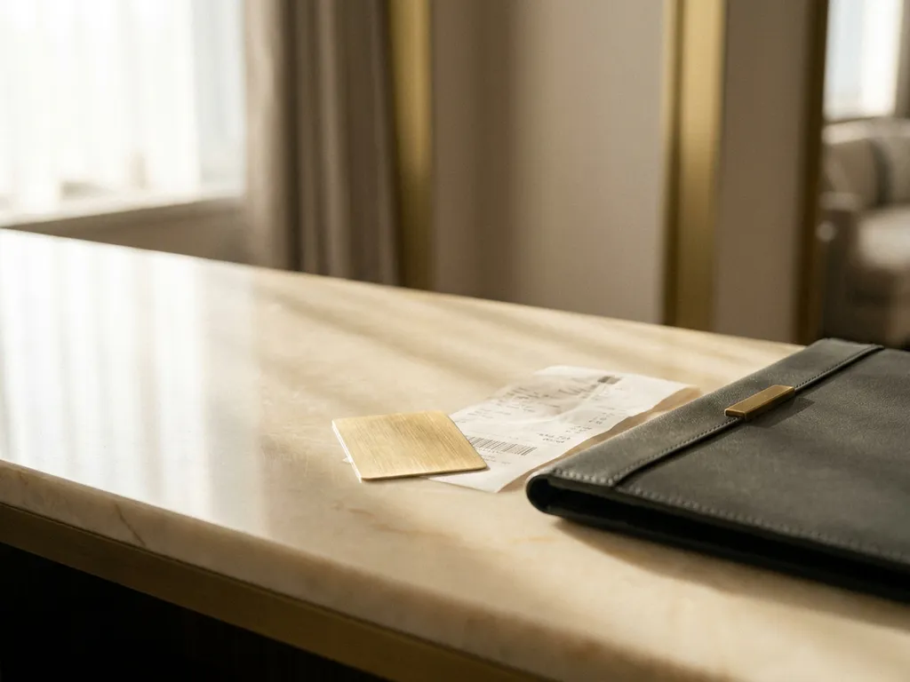 Hotel room keycard and folio receipt beside a leather portfolio on a polished marble lobby desk in warm neutral tones.