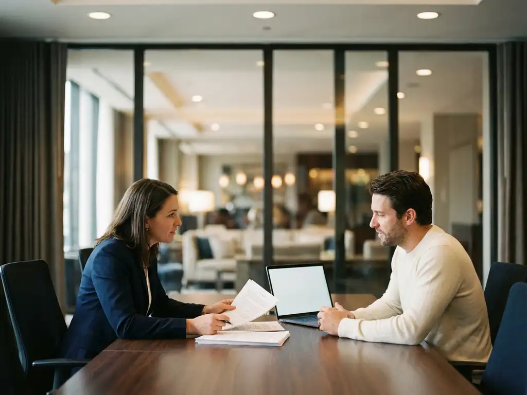 Hotel manager and event organiser reviewing a room block proposal and laptop at a polished conference table, hotel lobby visible behind them.