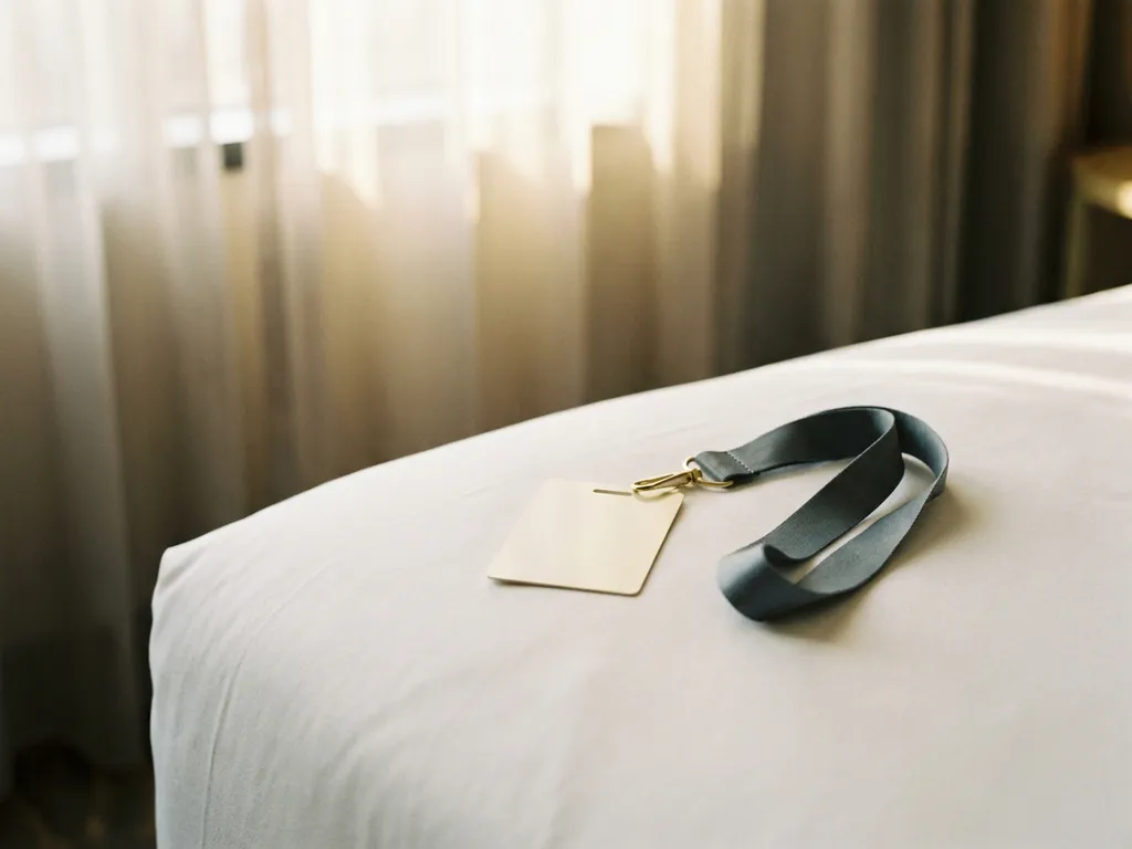 Hotel room key card and conference lanyard resting on white linen bed, bathed in soft morning light through sheer curtains.