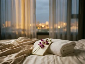 Folded white hotel towel beside a notepad and orchid stem on linen bedding, warm golden evening light filtering through sheer curtains.