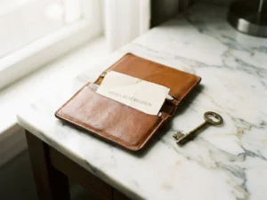 Leather travel wallet with folded hotel reservation card and brass room key on marble desk, lit by soft natural window light.