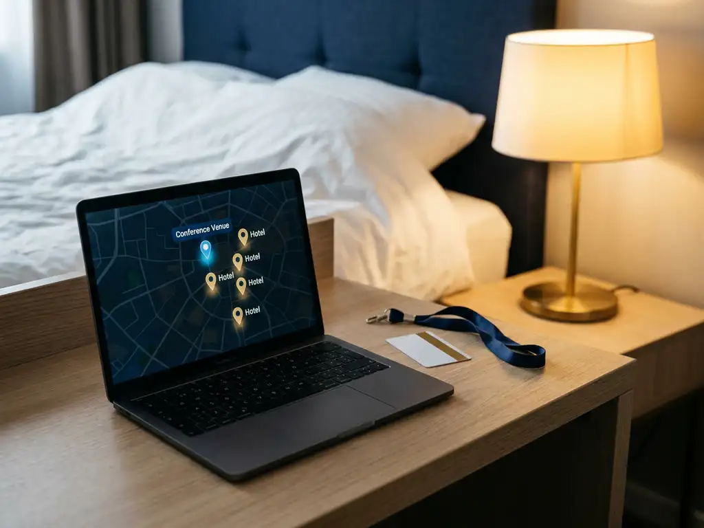 Laptop on hotel desk displaying conference venue map, beside a keycard and event lanyard, lit by warm bedside lamp.