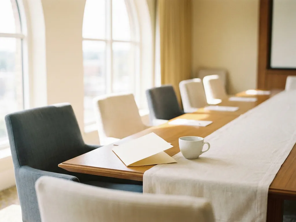 Folded event schedule beside a white ceramic coffee cup on a polished hotel conference table, warm natural daylight, minimal composition.