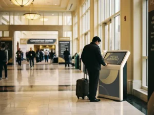 Convention center visitor using a hotel booking kiosk with rolling luggage on marble floors near a trade show entrance.