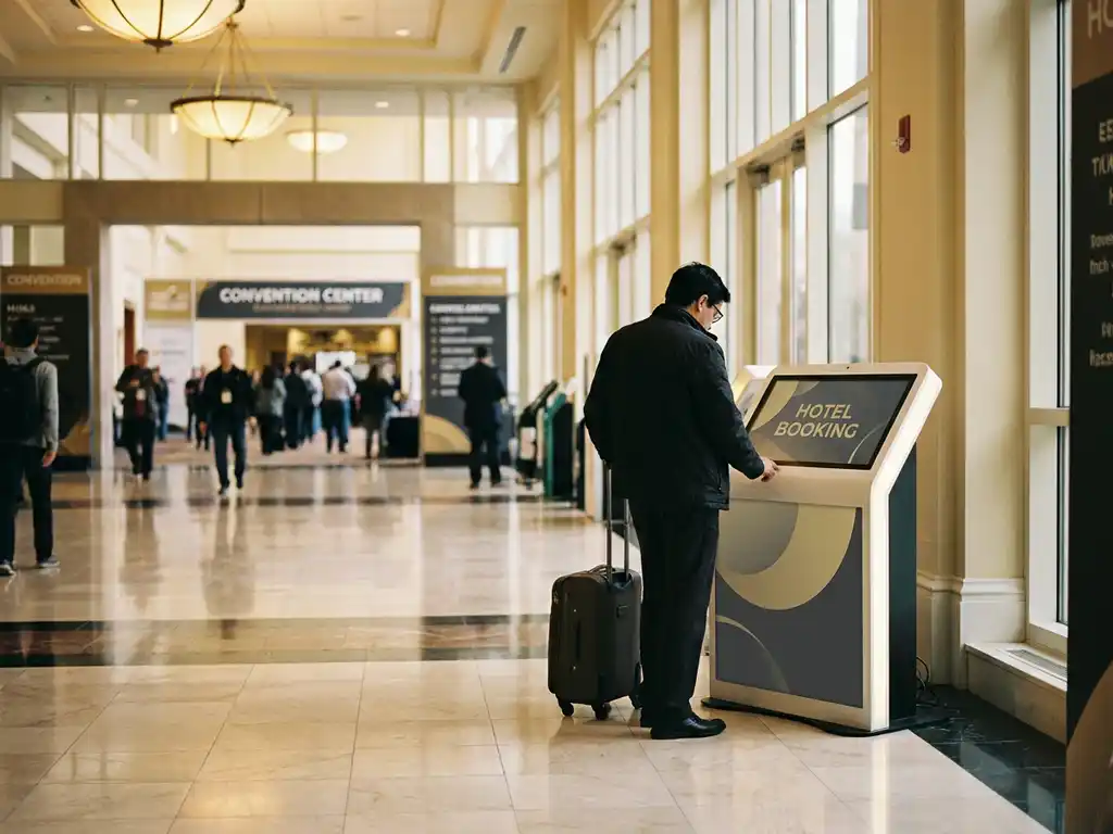 Convention center visitor using a hotel booking kiosk with rolling luggage on marble floors near a trade show entrance.