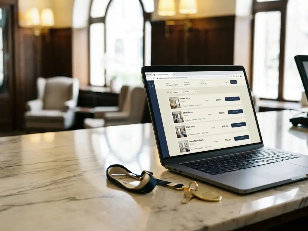 Laptop showing hotel booking interface on marble concierge desk beside a brass room key and event lanyard, warm lobby lighting.