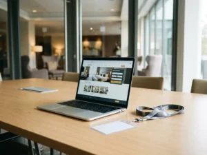 Laptop showing hotel booking interface on a conference table with an event lanyard, hotel lobby visible through glass in the background.