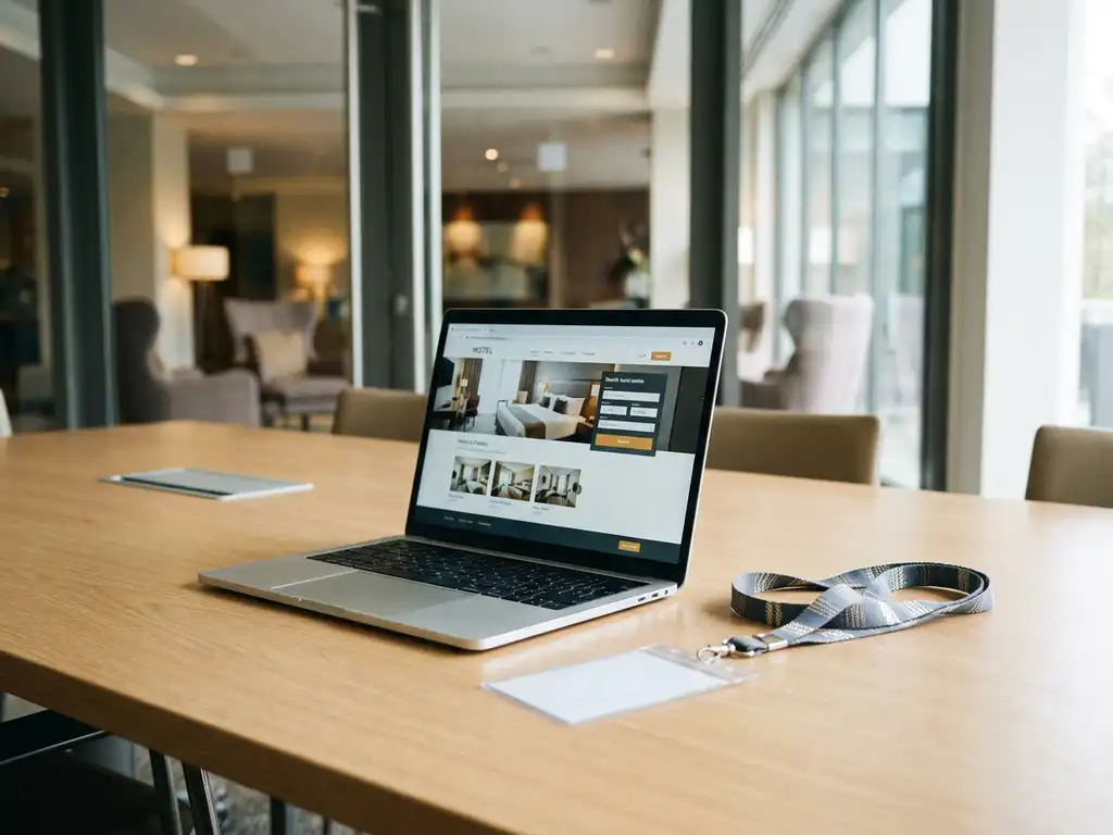 Laptop showing hotel booking interface on a conference table with an event lanyard, hotel lobby visible through glass in the background.