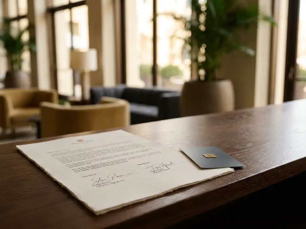 Signed hotel contract and room key card on polished reception desk, soft lobby light, warm ivory and gold tones.