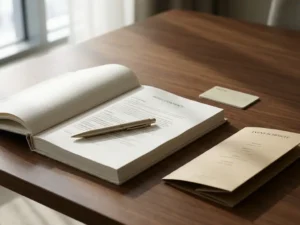 Open hotel contract on a conference table with a pen, keycard, and folded event schedule in soft natural light.
