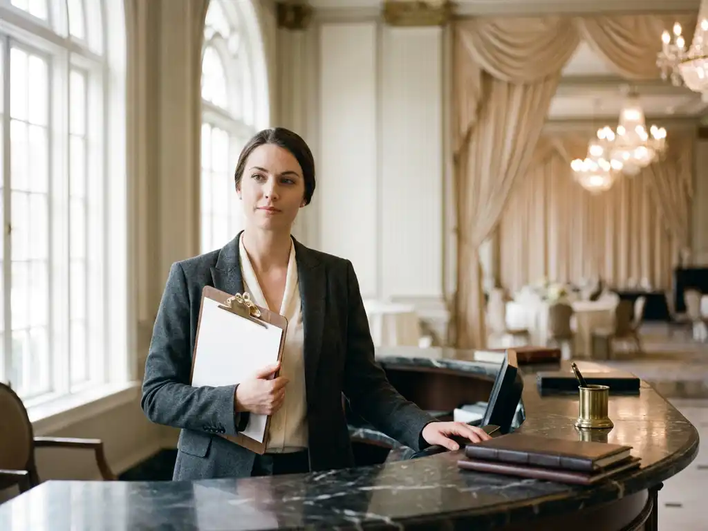 Hotel event coordinator reviewing clipboard at marble reception desk, grand ballroom softly visible in warm champagne-toned background.