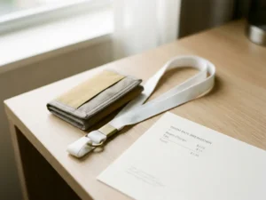 Hotel key card and conference lanyard beside a printed room rate breakdown on a clean desk in warm morning light.