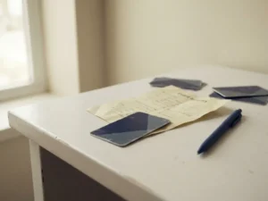 Hotel key cards and crumpled event itinerary on a white desk with a pen, soft natural light casting a calm yet tense mood.