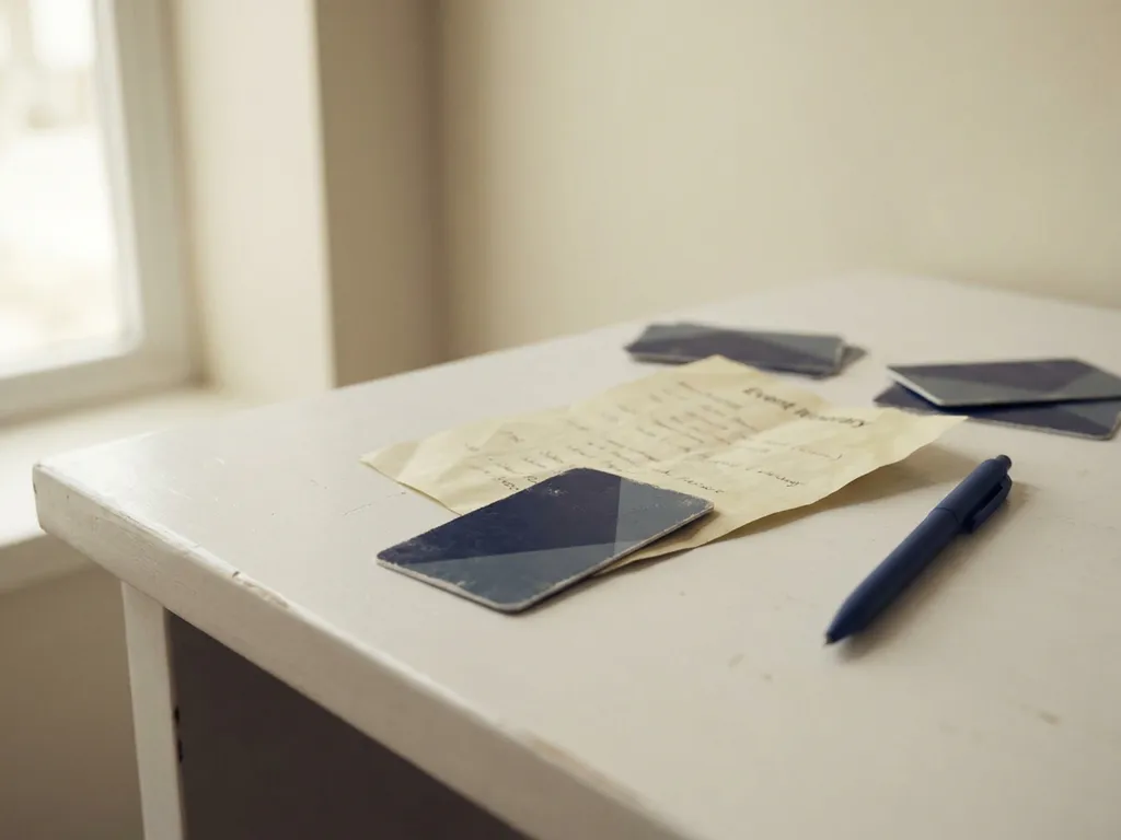 Hotel key cards and crumpled event itinerary on a white desk with a pen, soft natural light casting a calm yet tense mood.