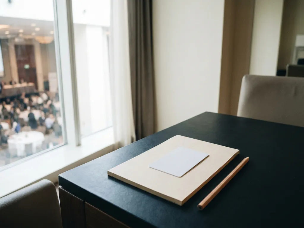 Hotel room key card on a notepad with pencil, blurred conference hall visible through floor-to-ceiling window in soft natural light.