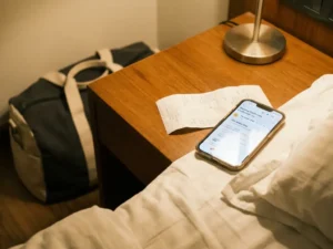 Crumpled paper receipt and smartphone showing hotel confirmation on a nightstand, warm lamplight over white linen with an overnight bag in the background.