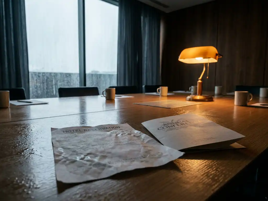 Crumpled hotel reservation paper on a rain-streaked conference table beside a folded event program, lit by amber lamp and grey storm light.
