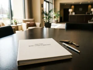 Hotel RFP document on a conference table with a pen and brass hotel key, warm natural light, blurred lobby background.