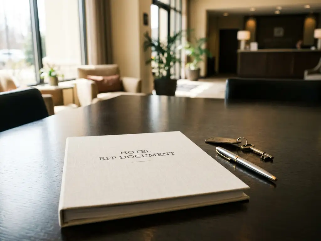 Hotel RFP document on a conference table with a pen and brass hotel key, warm natural light, blurred lobby background.